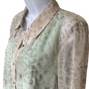BKE Burnout Sheer Metallic Shirt Blouse Sz L Button Up Long Sleeve Lace Trumpet